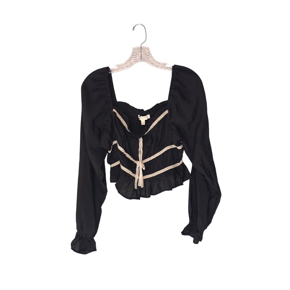 Women's Black White Cropped Top Bows Coquette Smocked Ruffle Long Sleeve Large